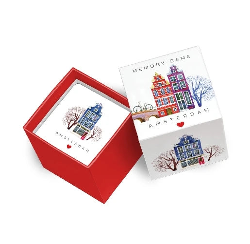 Memory game cards with Amsterdam-themed illustrations in a red box