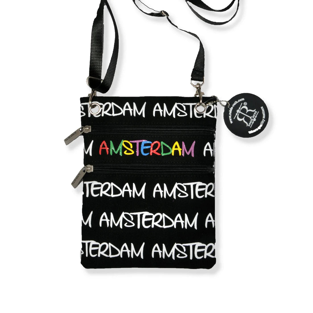Black Amsterdam passport bag with rainbow Amsterdam lettering and adjustable strap