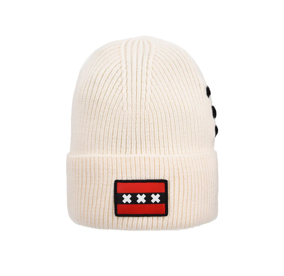 Beige Amsterdam XXX beanie with three Saint Andrew crosses patch
