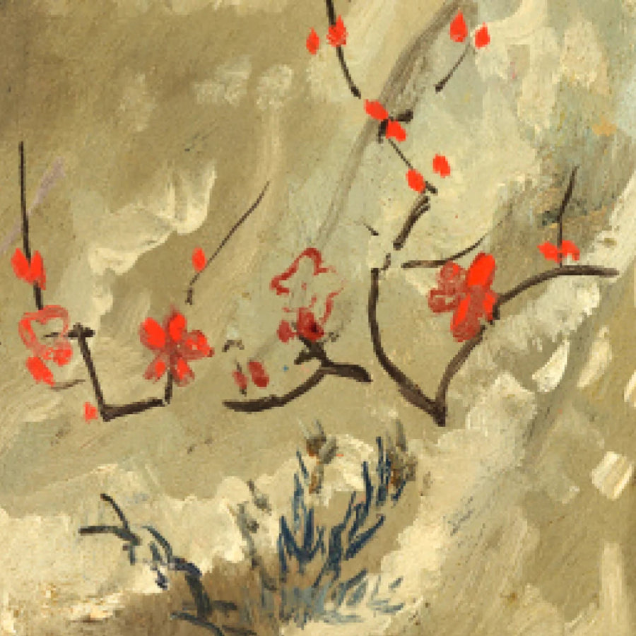 An impressionistic painting of flowering branches with bright red blossoms and dark brown stems against a textured beige and gray background.