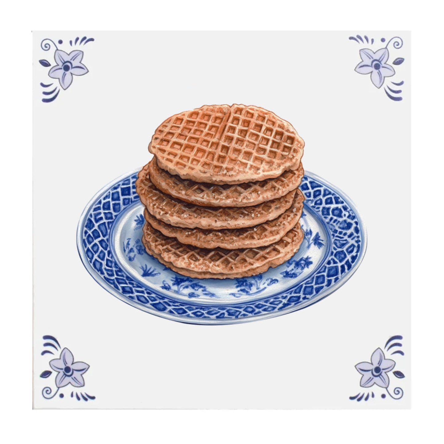 Delft Blue ceramic tile with Stroopwafels design 15x15 cm Dutch decoration