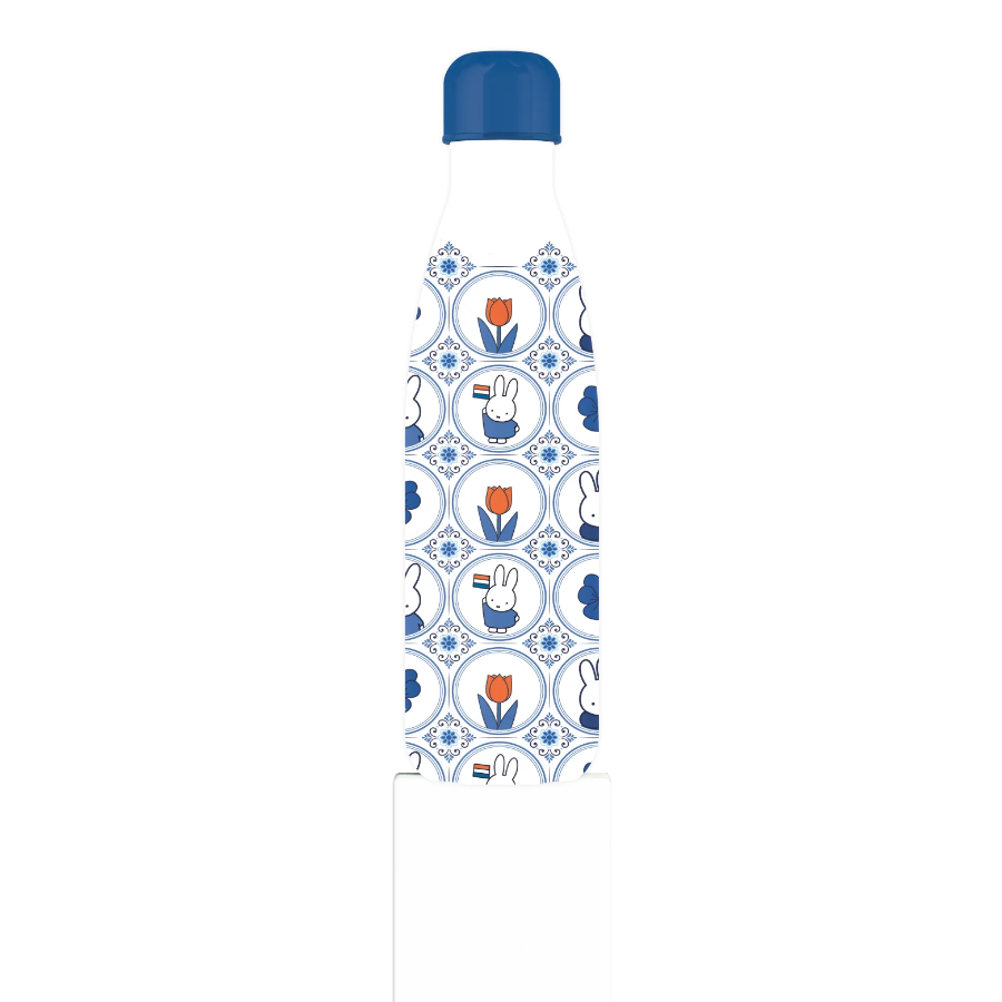 Reusable water bottle with a pattern of cartoon characters and blue lid on a white background
