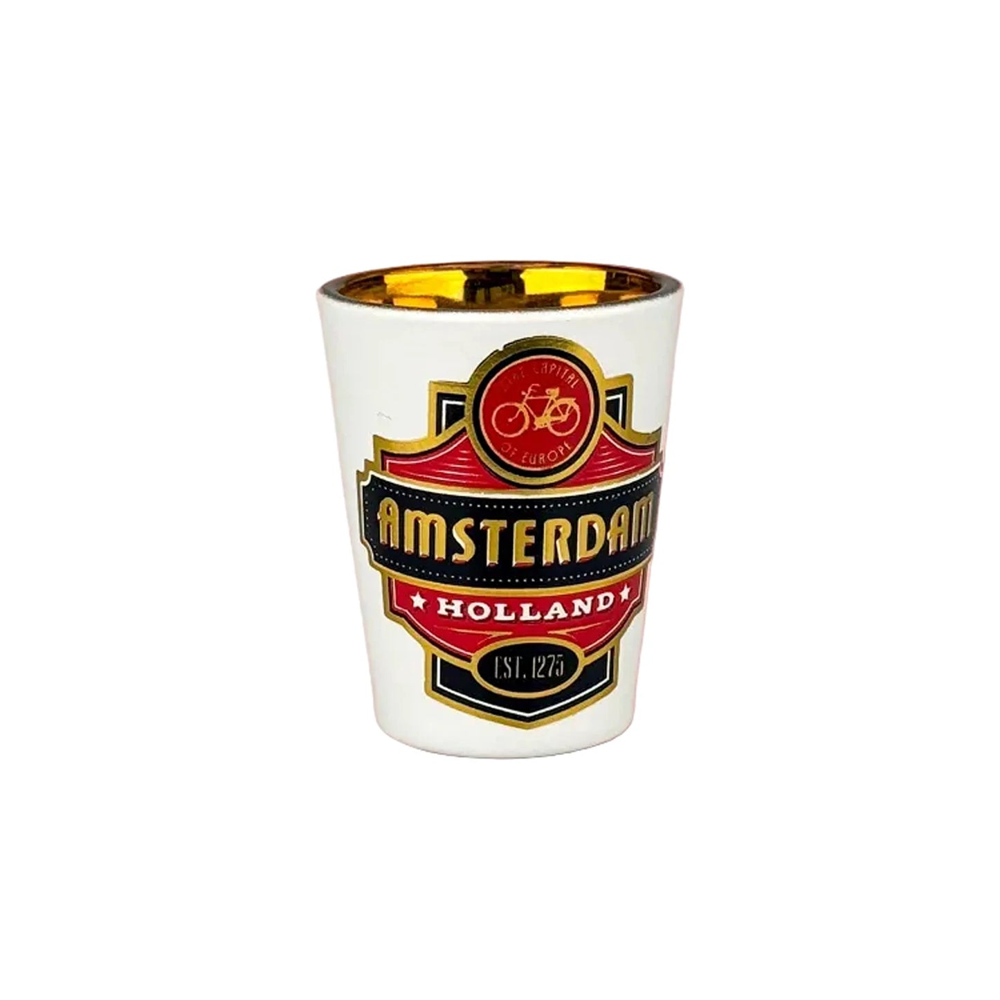 Red shot glass with gold foil bicycle Amsterdam luxury souvenir