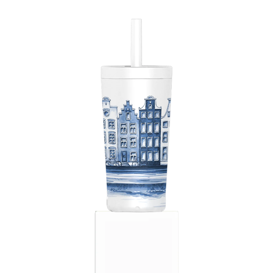 Tumbler with blue architectural design on a white background