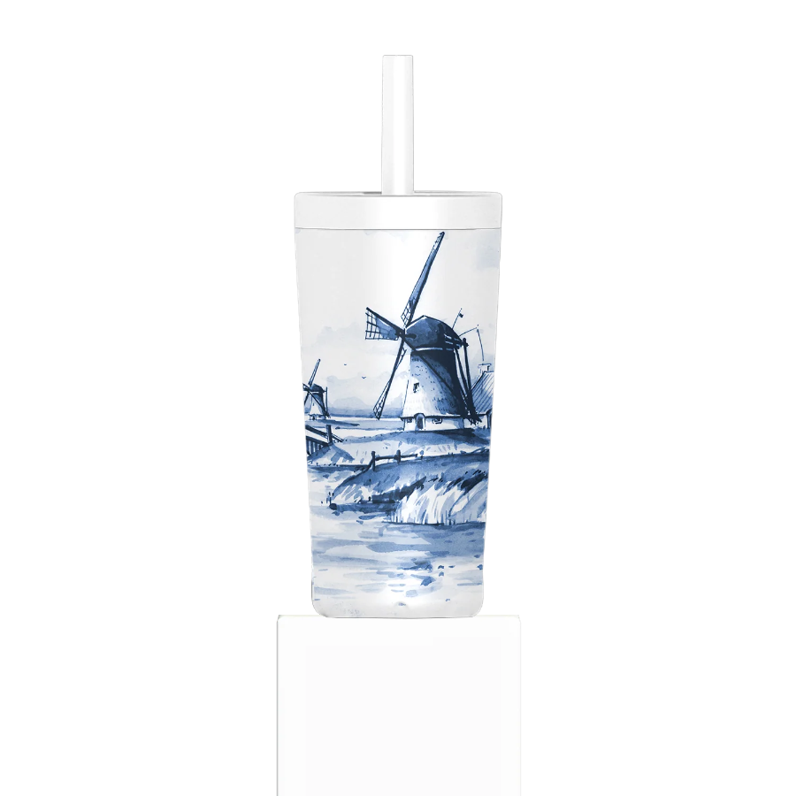 Tumbler with a design of a windmill on a white background
