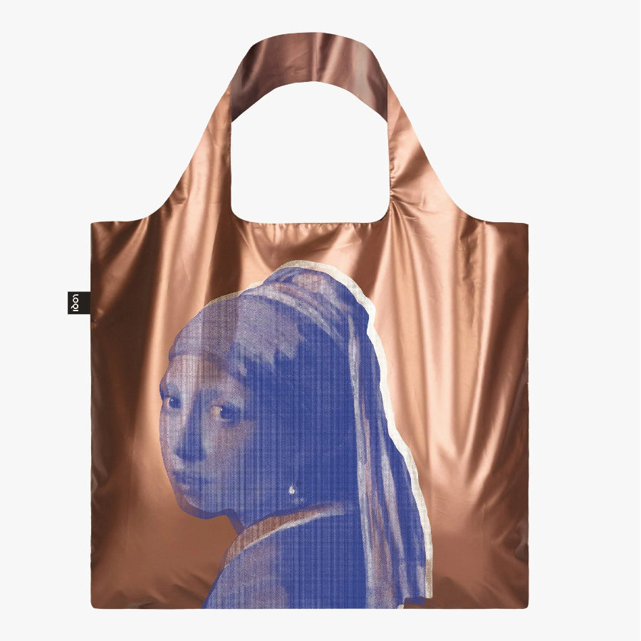 Foldable tote bag with 'Girl with a Pearl Earring' design on a white background