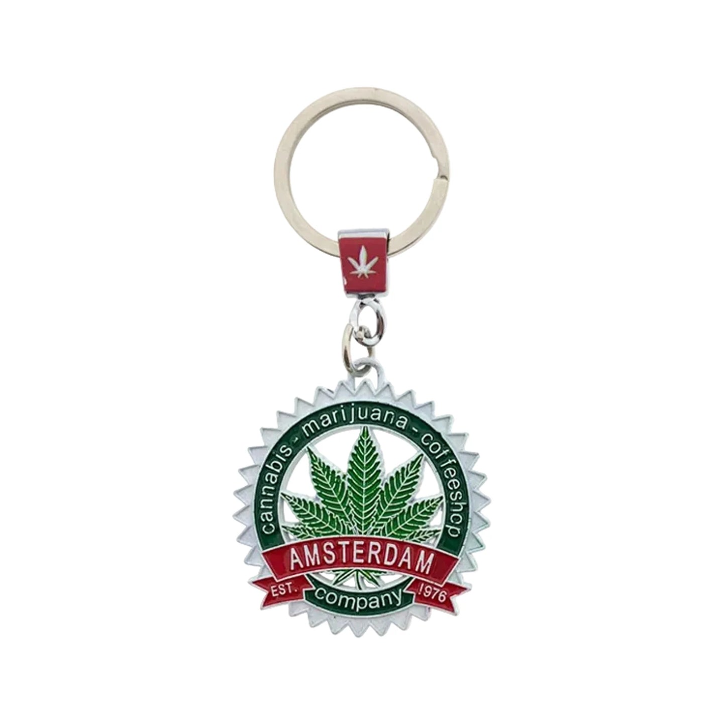 Green metal keychain with marijuana Amsterdam design compact city souvenir