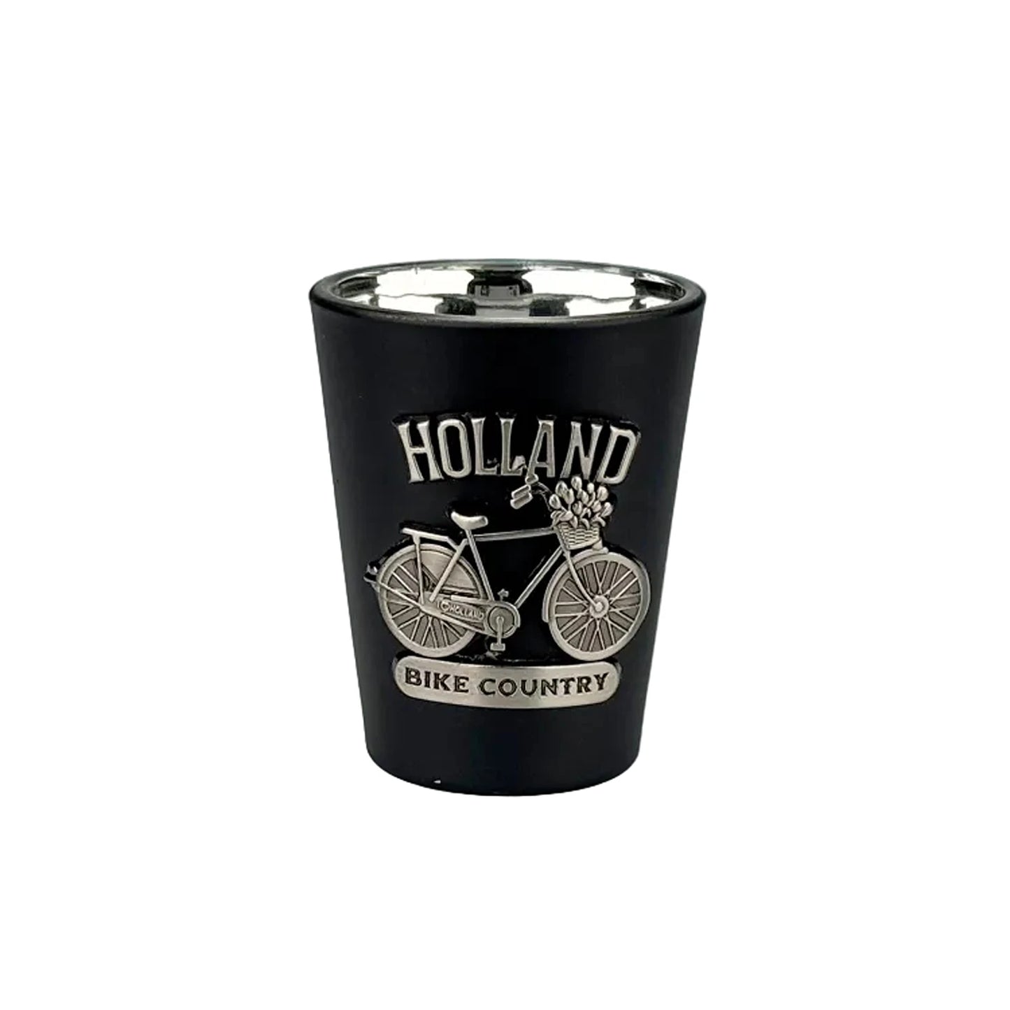 Black shot glass with metal bicycle Holland souvenir