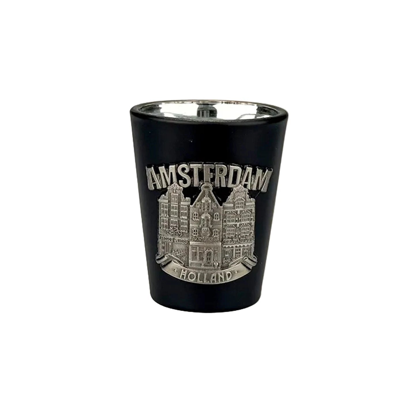Black shot glass with metal canal houses Amsterdam souvenir