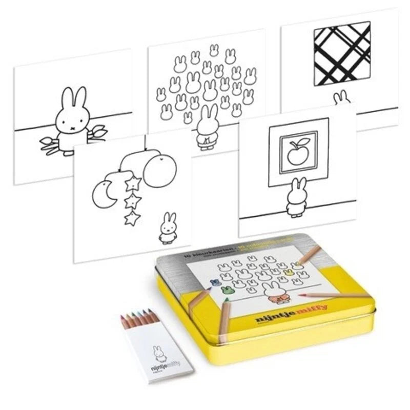 Coloring book set with Miffy illustrations and a yellow tin box on a white background