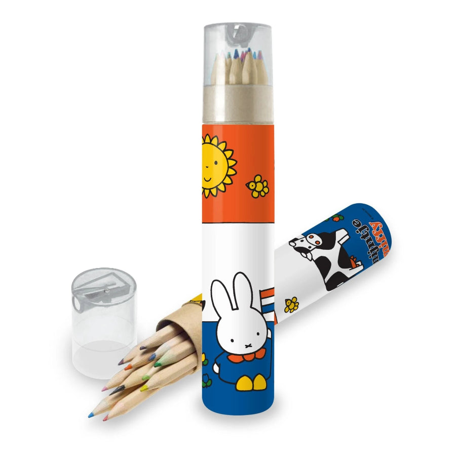 Set of colored pencils in a cartoon-themed holder on a white background