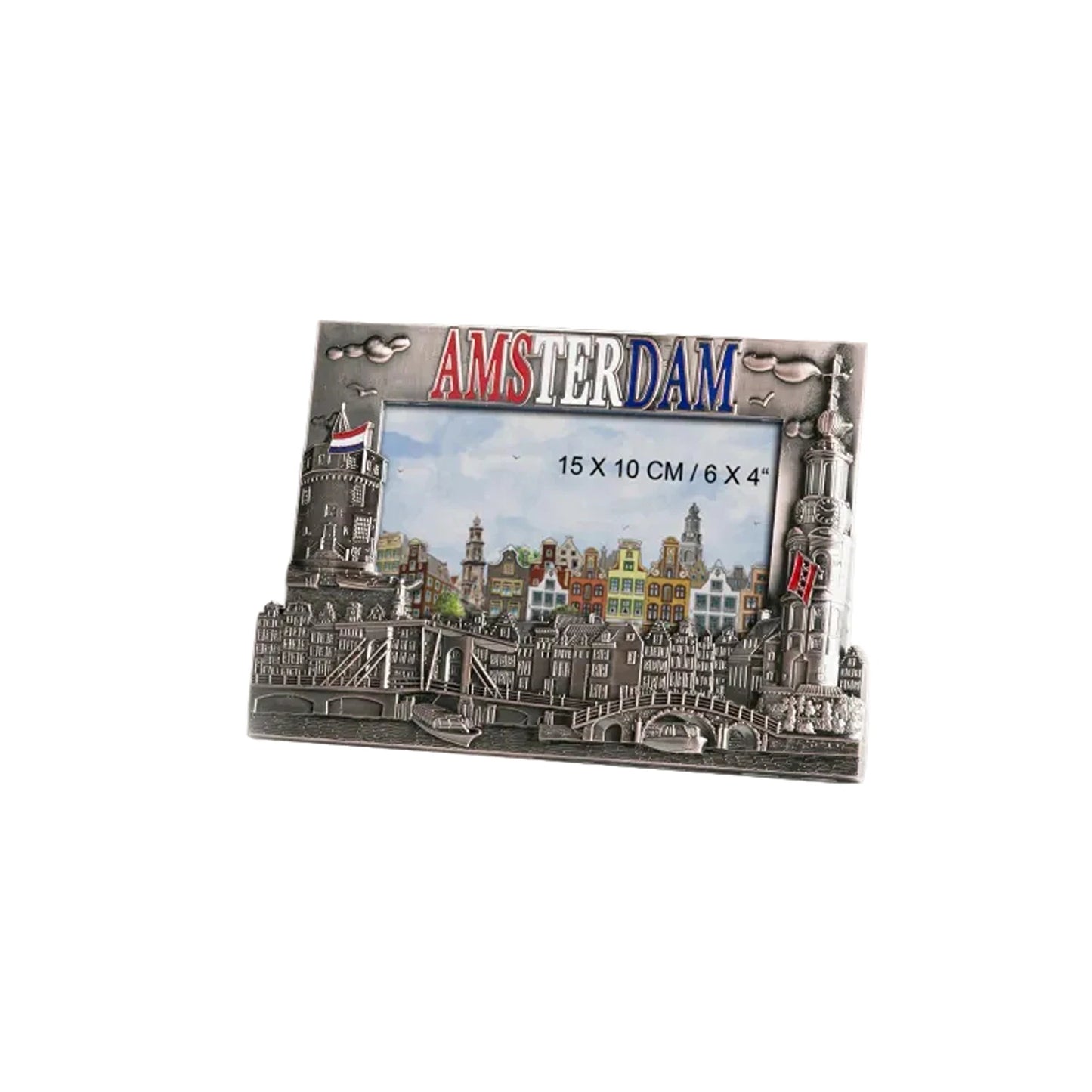 Tin metal photo frame with Amsterdam canal houses for holiday memories