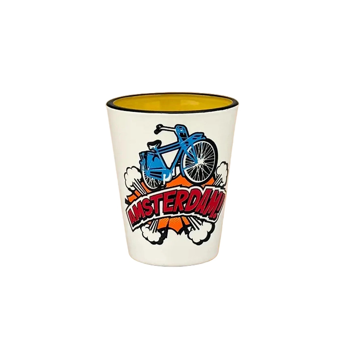 Yellow pop art shot glass Amsterdam bicycle retro design