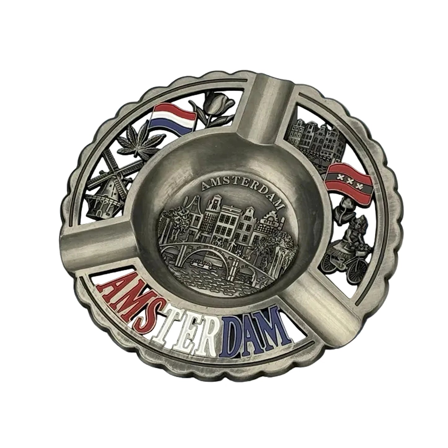 Round metal ashtray with Amsterdam canal houses tin finish city souvenir