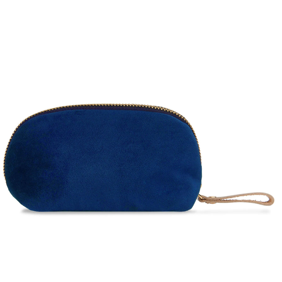 A small blue velvet pouch with a gold zipper and a matching beige wrist strap, shown on a plain white background.