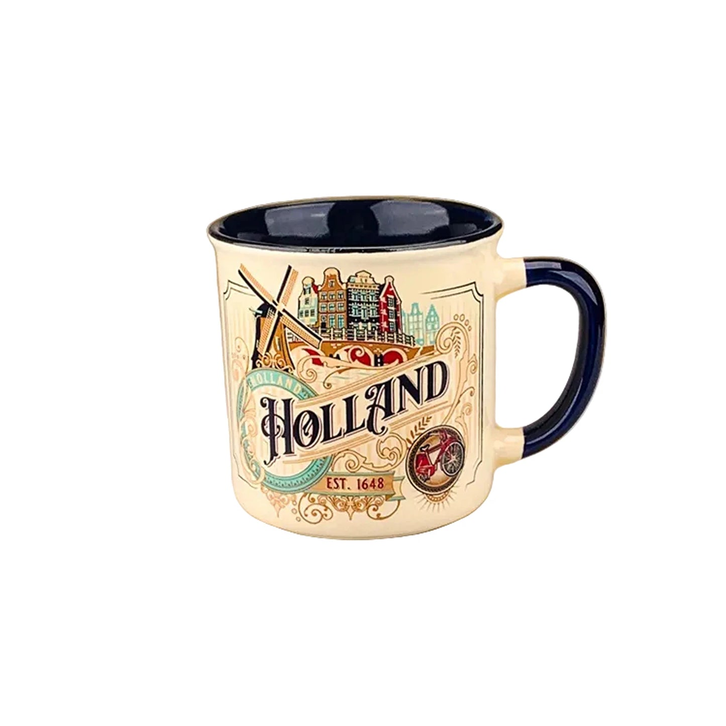 Small yellow vintage mug with Holland city ornaments windmills and canal houses