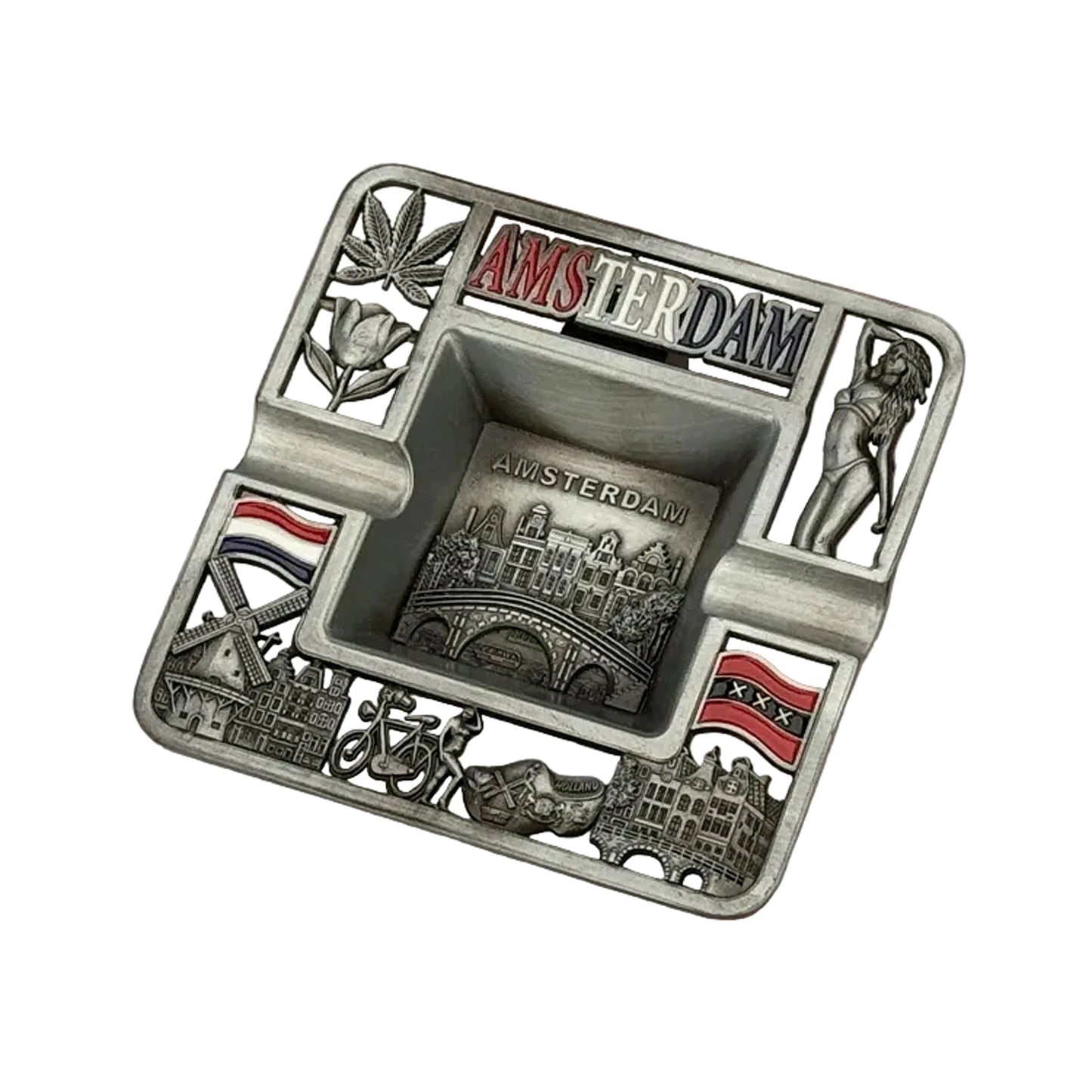 Square metal ashtray with Amsterdam canal houses tin finish city souvenir