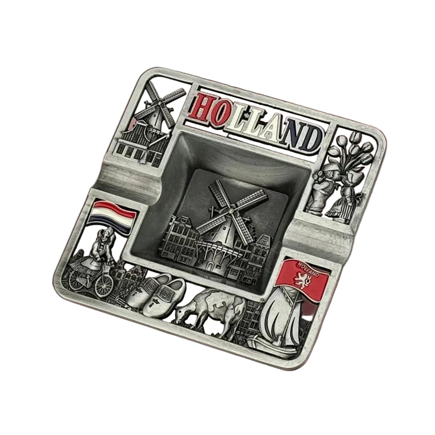 Square metal ashtray with Dutch windmills Holland tin finish souvenir