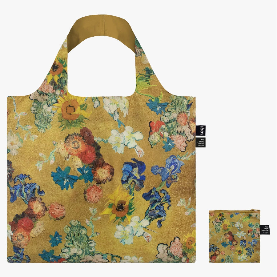 Floral-patterned reusable bag on a white background