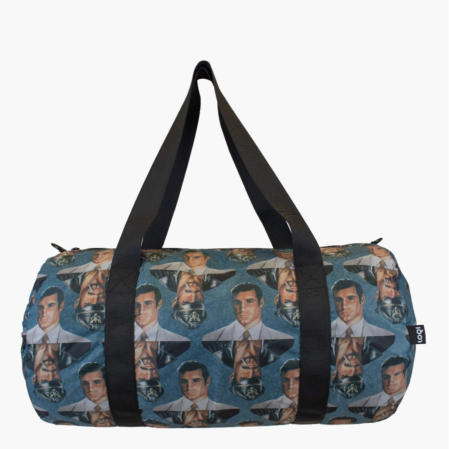 Duffel bag with a pattern of a man's face on a white background