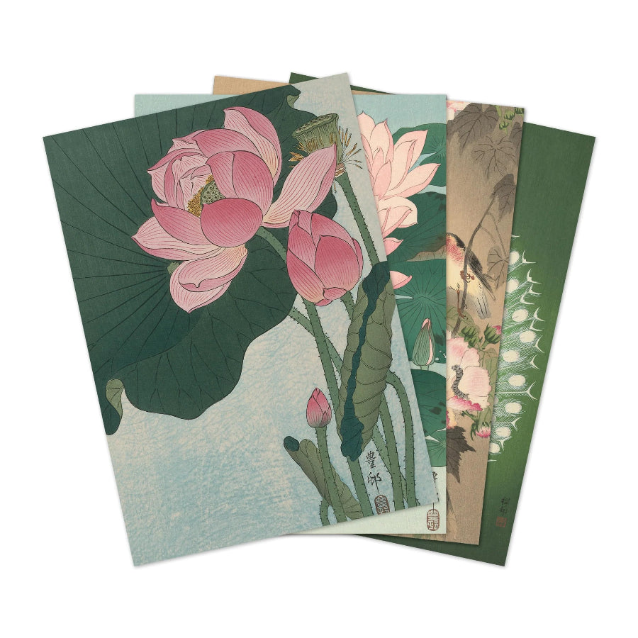 Set of stationery items with floral designs on a white background