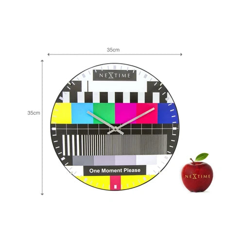 NeXtime wall clock with colorful design and apple on a white background
