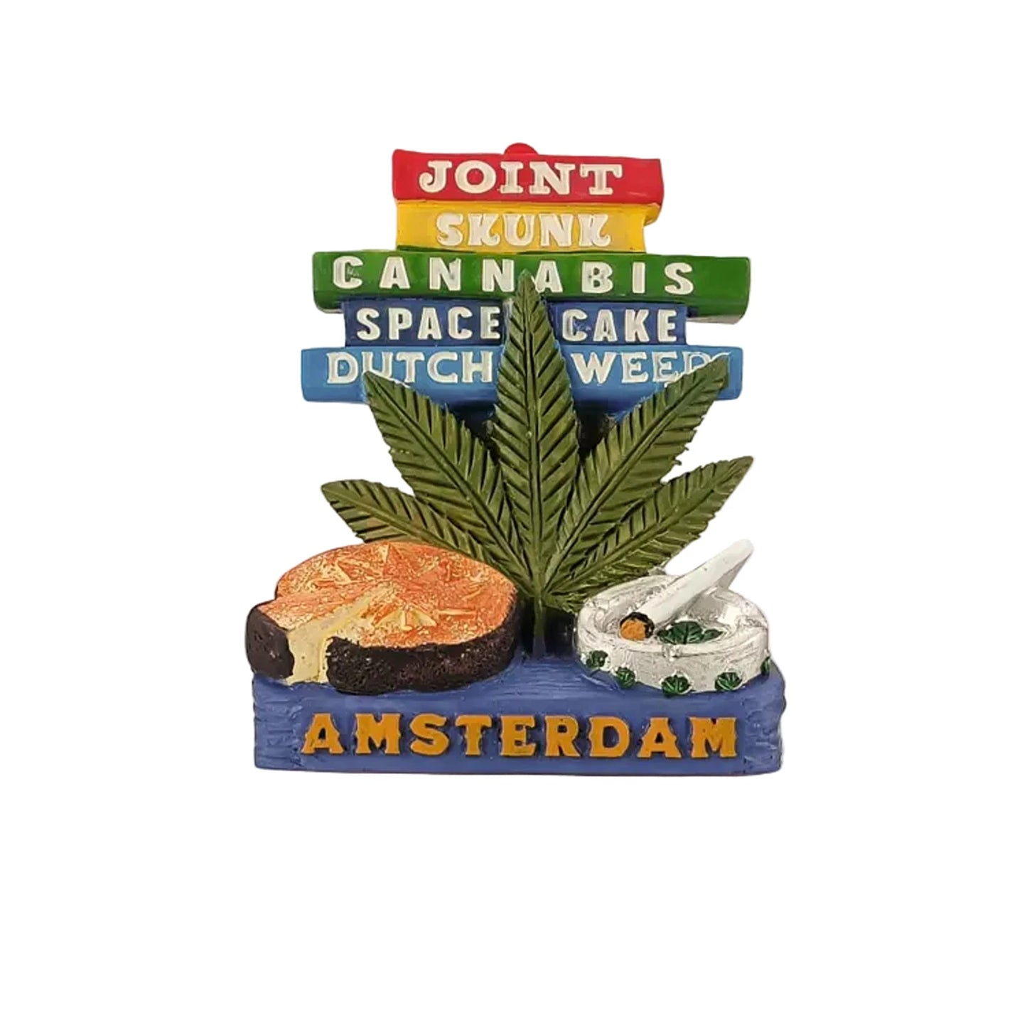 Amsterdam 3D magnet with weed leaf, spacecake and joint polystone souvenir