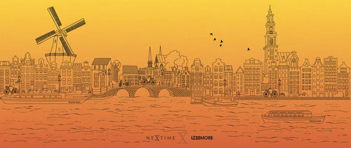 A stylized cityscape illustration in warm orange and yellow tones, showing a canal-side skyline with a windmill, buildings, bridge, boats, and birds. The text 'NEXTIME X LESSMORE' appears at the bottom.