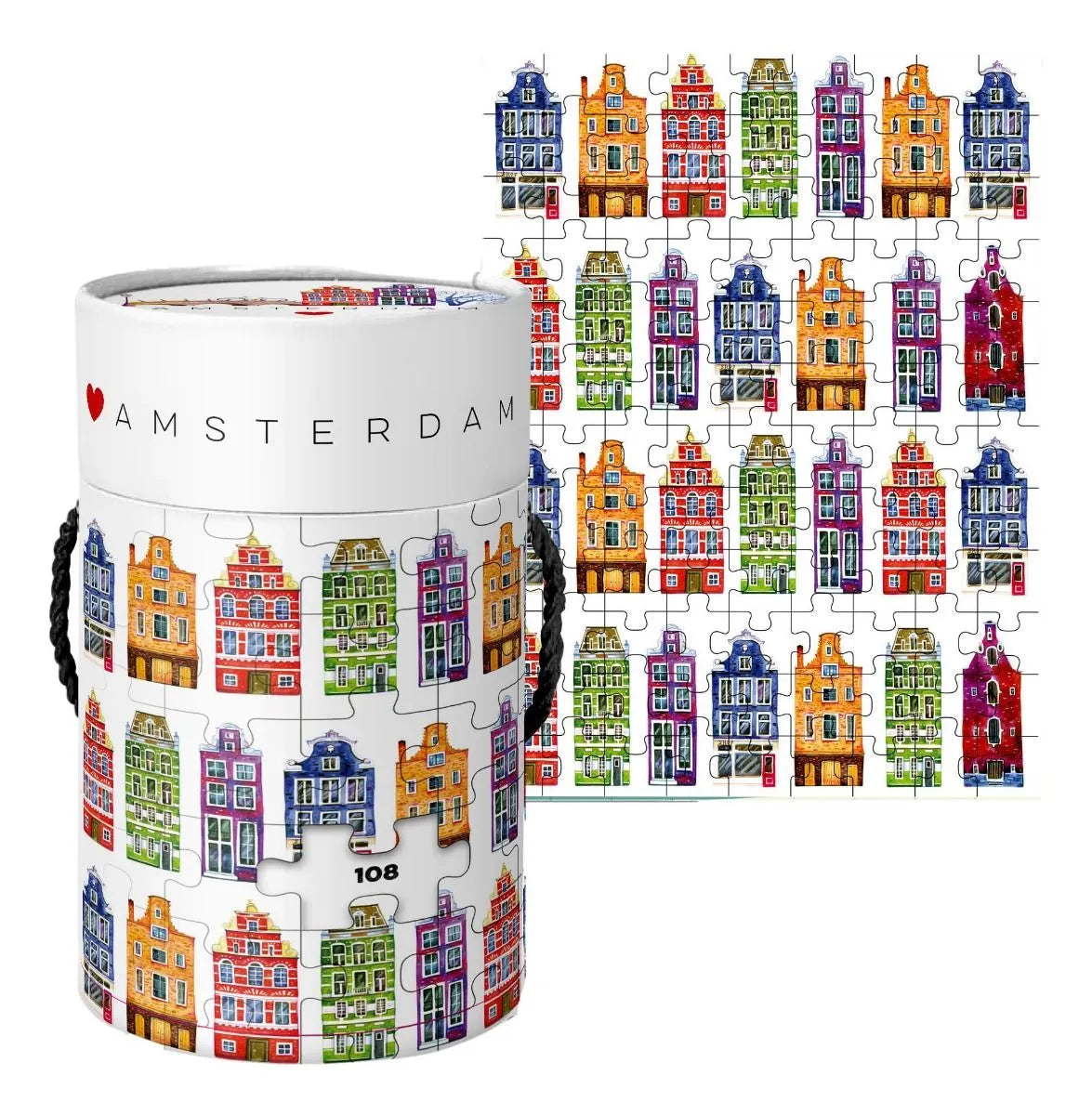 Puzzle with colorful Amsterdam house design and cylindrical storage tube.