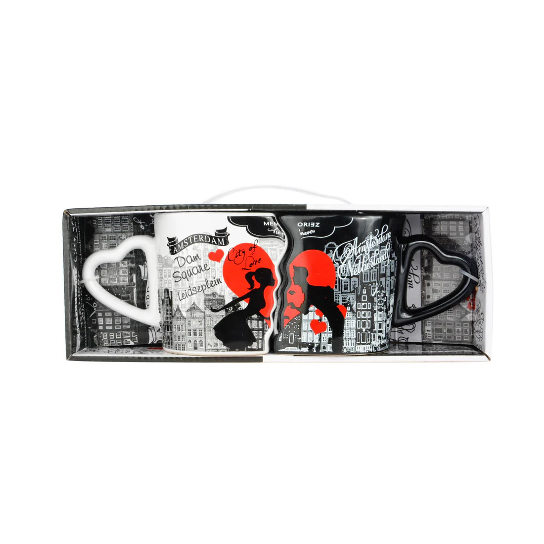 Amsterdam black and white double mug set with heart handles