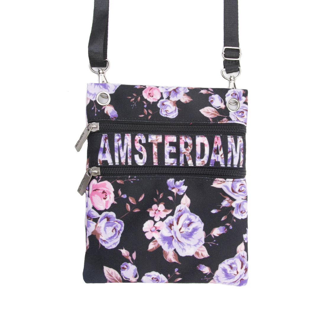 Amsterdam passport bag with purple flower print and adjustable strap