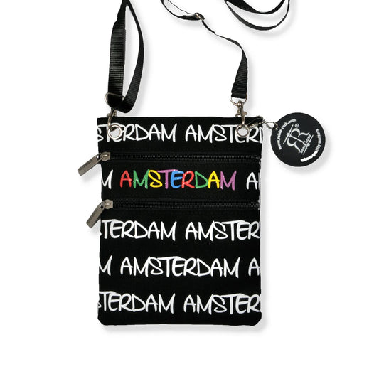 Black Amsterdam passport bag with rainbow Amsterdam lettering and adjustable strap