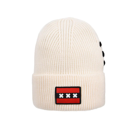 Beige Amsterdam XXX beanie with three Saint Andrew crosses patch