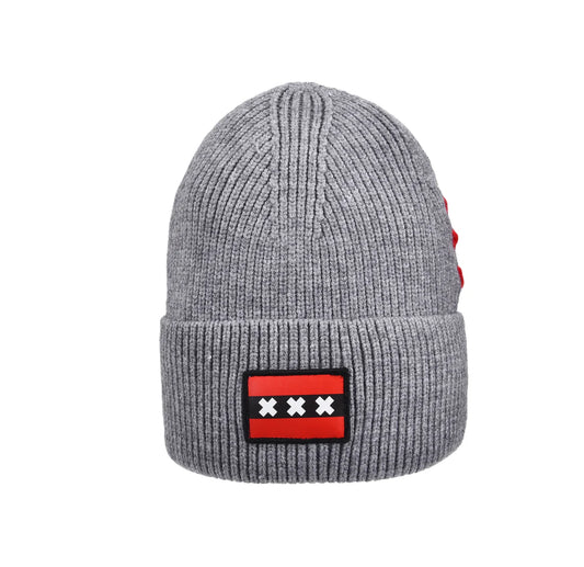 Grey Amsterdam XXX beanie with three Saint Andrew crosses patch