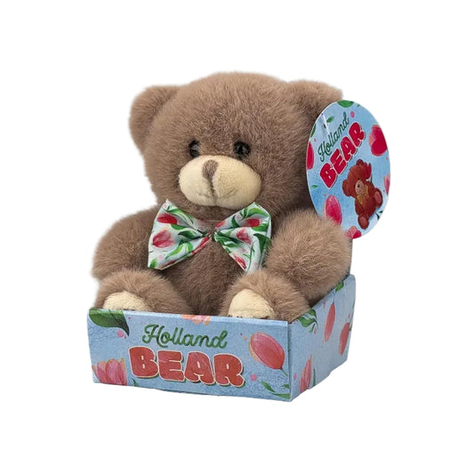 Brown plush teddy bear with red tulip bow in matching gift box