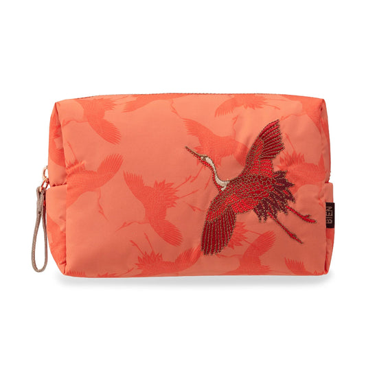 Large soft-touch pouch with embroidered red crane by BIEN moves
