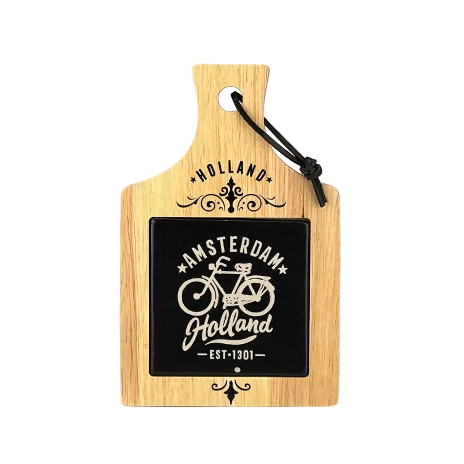 Black camp cheese board with Amsterdam bicycle design and ceramic tile