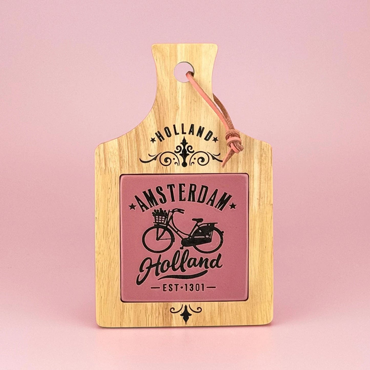 Pink camp cheese board Amsterdam bicycle wooden serving board