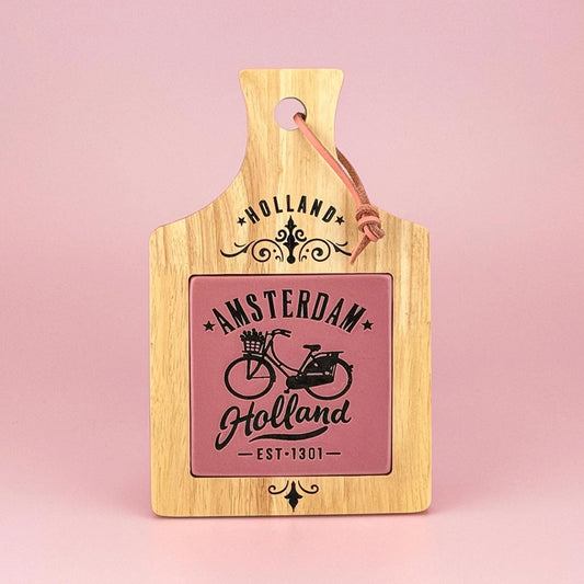 Pink camp cheese board Amsterdam bicycle wooden serving board