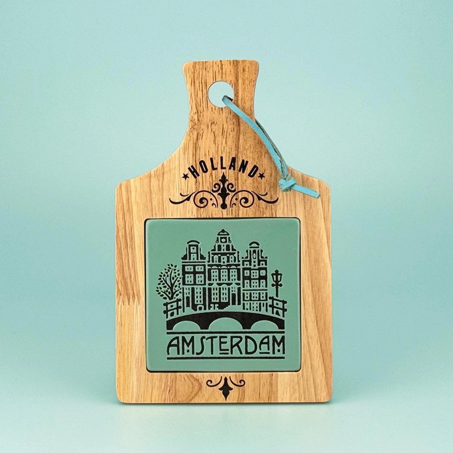 Green camp cheese board Amsterdam canal houses wooden serving board