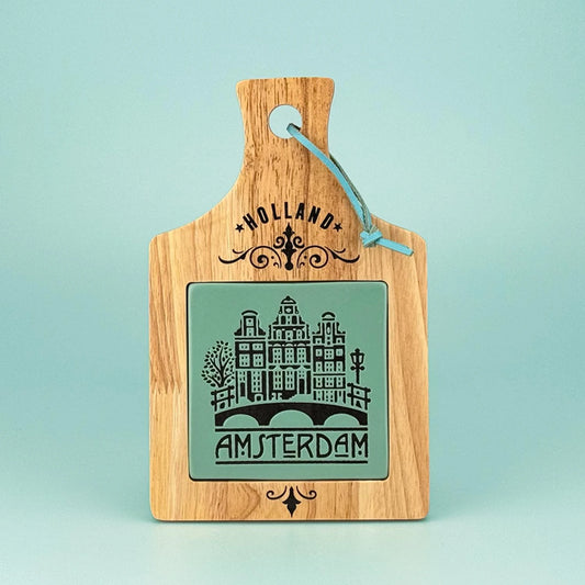 Green camp cheese board Amsterdam canal houses wooden serving board