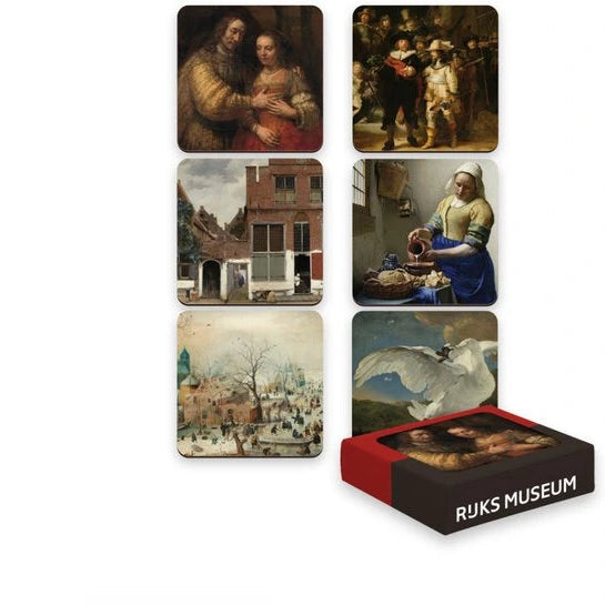 Set of six coasters with images of famous paintings by Rijksmuseum, displayed in a box.