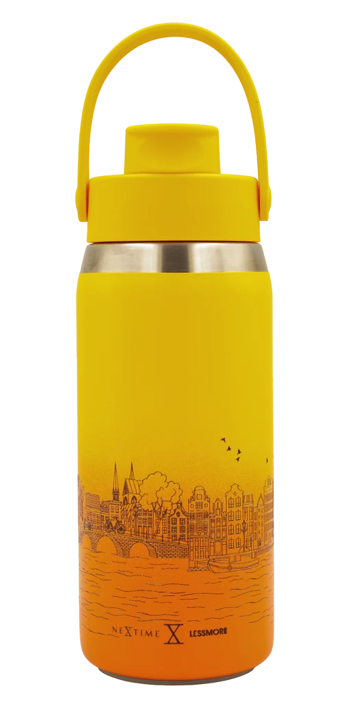 A yellow and orange insulated water bottle with a carrying loop handle, featuring a printed orange line-art illustration of a city skyline near the bottom and the Nextime X Les Saint-Ours branding.