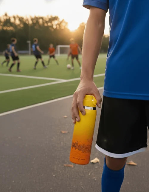 Person holding a yellow water bottle on a soccer field with players in the background.
