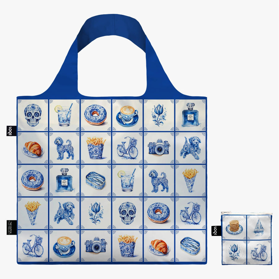 Reusable shopping bag with blue and white design featuring various illustrations on a white background.