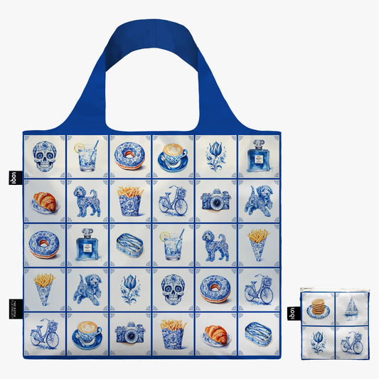 Reusable shopping bag with blue and white design featuring various illustrations on a white background.
