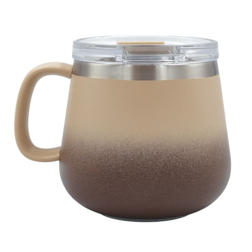 A tapered insulated travel mug with a handle, featuring a clear plastic lid with a clear window and a beige-to-brown gradient body, shown on a white background.