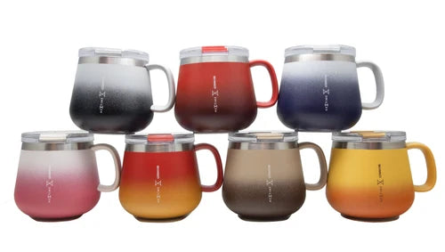 Set of gradient-colored mugs with lids on a white background