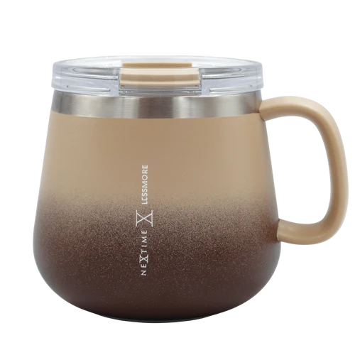 A Next Time Less More insulated mug with a handle, featuring a brown and beige gradient design, a stainless steel band, and a clear lid with a beige insert, shown on a white background.