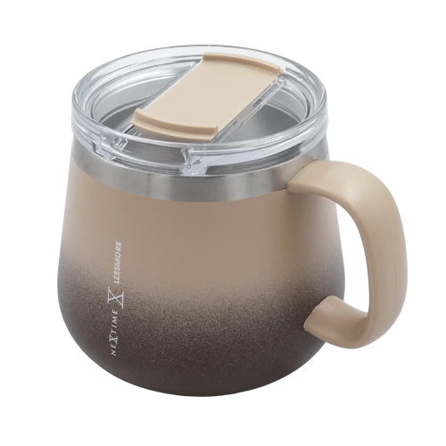 A Next Type Lattimore insulated tumbler with a handle, clear lid, and beige-to-dark-brown gradient body, shown on a white background.
